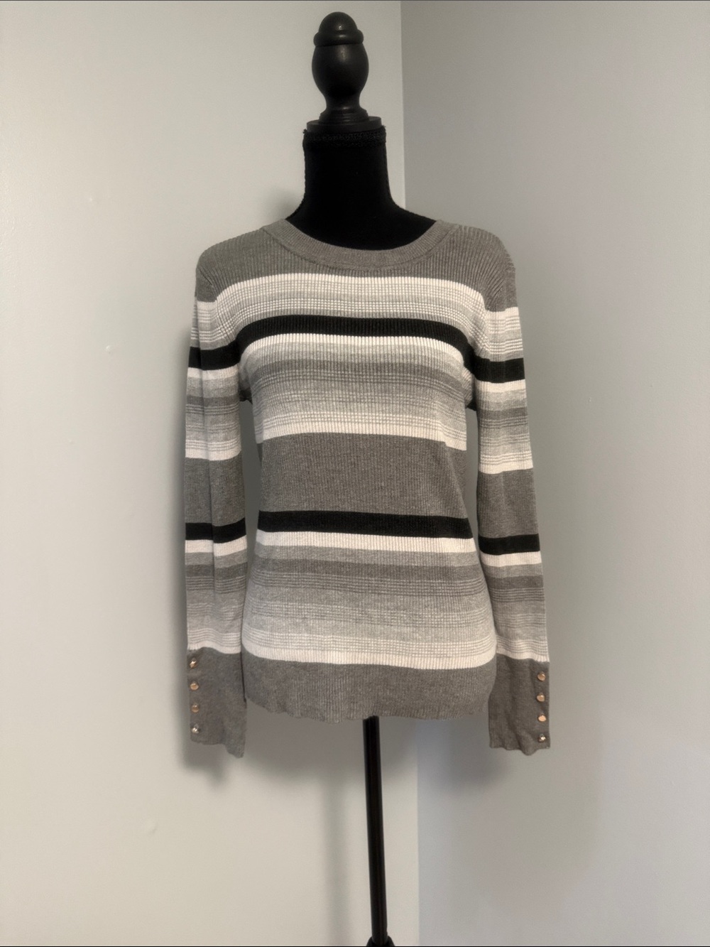 Design History Gray, White & Black Striped Crewneck Sweater